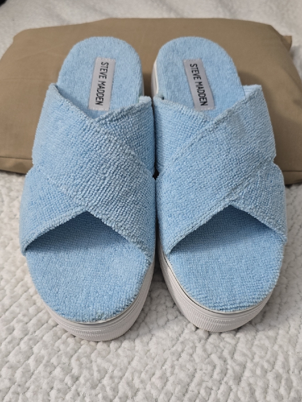 Steve Madden Powder Blue Crisscross Terry Platform Slides